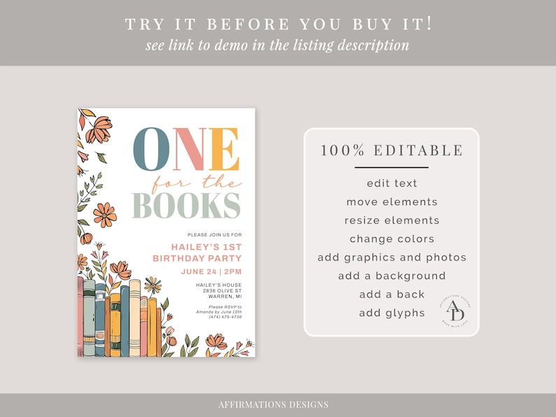 Op de afbeelding: Bewerkbare uitnodiging voor een eerste verjaardagsfeest met een boekthema. De uitnodiging bevat een kleurrijke illustratie van een stapel boeken, bloemen en de tekst "One for the Books".