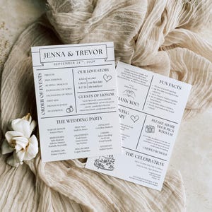 May include: Two white wedding programs with black text. The programs list the order of events, wedding party, and fun facts. The programs are on a beige fabric with a white flower in the corner.