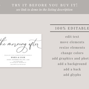 May include: A white invitation card with black text that reads "the morning after" and includes the names "Maria & Liam" and the date "Sunday, September 11th, 2023 | 11AM".