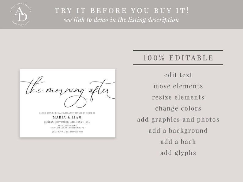May include: A white invitation card with black text that reads "the morning after" and includes the names "Maria & Liam" and the date "Sunday, September 11th, 2023 | 11AM".
