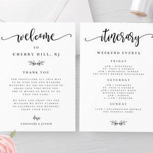 Modelo de cartão de boas-vindas para impressão, inserção de bolsa de boas-vindas do hotel, itinerário de casamento, nota de boas-vindas, download instantâneo, casamento rústico DIY, editável