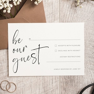 Wees onze gast bruiloft RSVP briefkaart sjabloon, afdrukbare RSVP-kaart voor bruiloft, bewerkbare, Instant Download, invoegen, minimalistische bruiloft, AD26