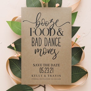 Booze Food and Bad Dance Moves Save the Date, Printable Save the Date Template, Download, Rustic Wedding, Funny Invitation, DIY, AD36 image 1