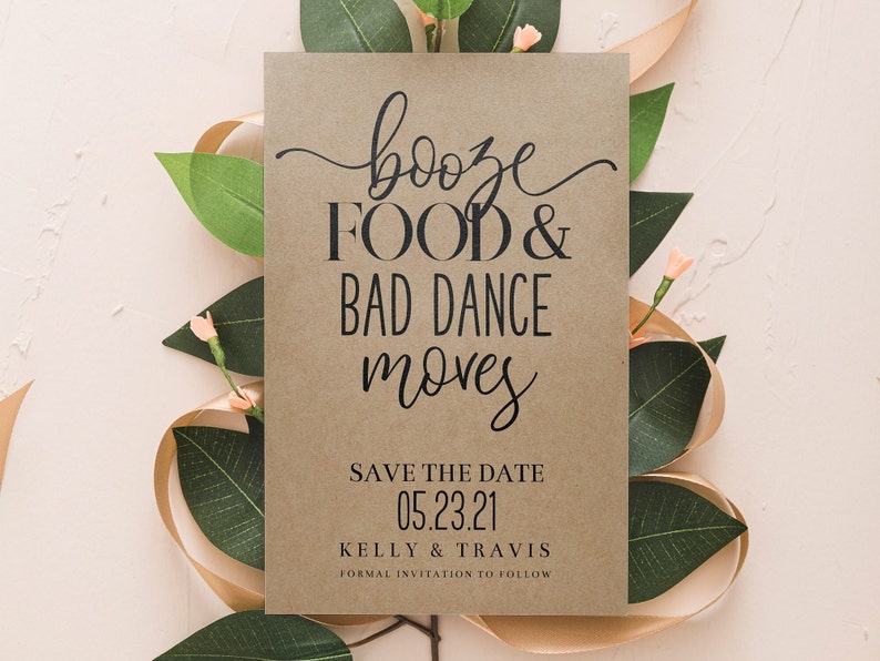 Booze Food and Bad Dance Moves Save the Date, Printable Save the Date Template, Download, Rustic Wedding, Funny Invitation, DIY, AD36 image 1