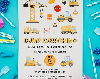 Dump Everything Construction Birthday Party Invitation Template, Toddler Boy Trucks Birthday Invite, Editable, Printable, Instant Download