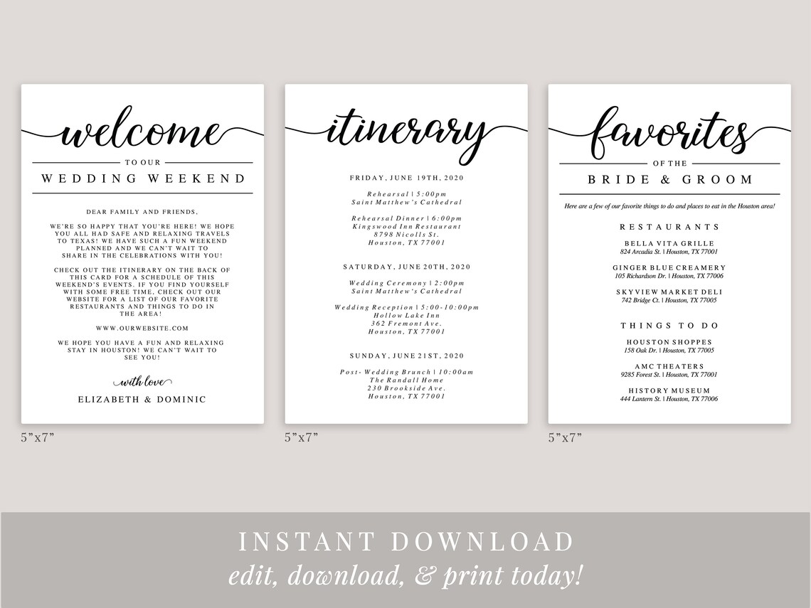 Printable Wedding Welcome Card Welcome Bag Insert Welcome - Etsy