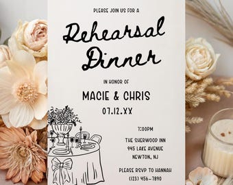 Printed + Shipped Hand Drawn Rehearsal Dinner Invitation, Whimsical Rehearsal Dinner Invite, Doodle Wedding Invitation
