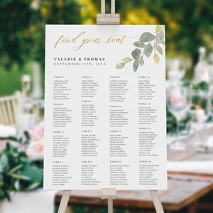 Watercolor Greenery Wedding Seating Chart Template, Printable Wedding Reception Seating Sign, Editable Seating Chart, Instant Download, AD51