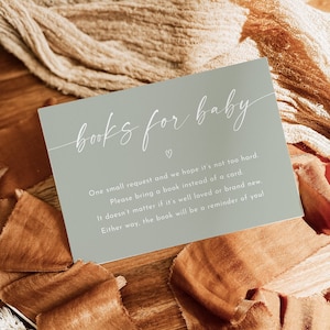 Saliegroen minimalistische boeken voor baby-insteekkaart, boeken voor babykaart, babyshoweruitnodiging insteekkaart, bijlagekaart, bewerkbaar, AB03