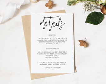 Printable Details Card Editable Template, Rustic Wedding Details Card, Instant Download, Wedding DIY, Rustic, Modern, Digital, Customize