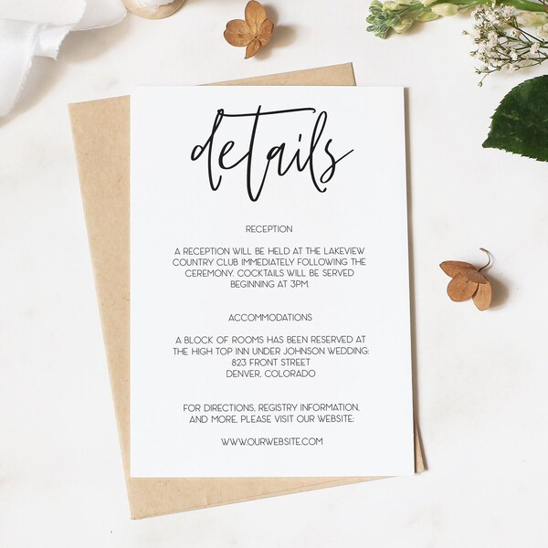 Printable Details Card Editable Template, Rustic Wedding Details Card, Instant Download, Wedding DIY, Rustic, Modern, Digital, Customize