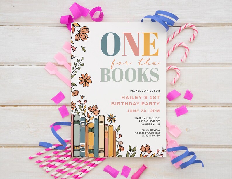 Op de afbeelding: Een kleurrijke uitnodiging voor een eerste verjaardag met de tekst "ONE for the BOOKS" en bloemillustraties. De uitnodiging bevat de naam van het kind, de datum, de tijd en de locatie van het feest.