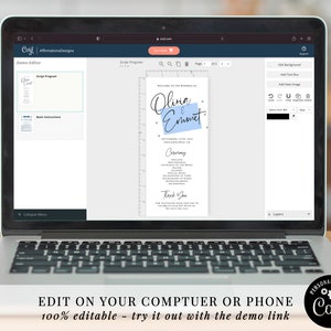 May include: A laptop screen displaying a wedding program template with a blue and white color scheme. The template is editable and can be personalized with the couple's names, wedding date, and other details. The text on the screen reads "Olivia & Emmett" and "September 17th, 2023".