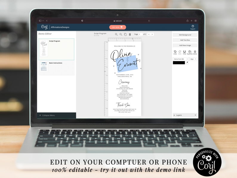 May include: A laptop screen displaying a wedding program template with a blue and white color scheme. The template is editable and can be personalized with the couple's names, wedding date, and other details. The text on the screen reads "Olivia & Emmett" and "September 17th, 2023".