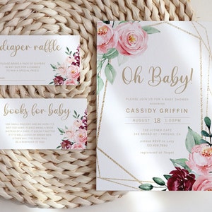 Pink Florals and Greenery Baby Shower Invitation Template, Books For Baby, Diaper Raffle Card, Baby Shower Invitation Set, Download, AD20
