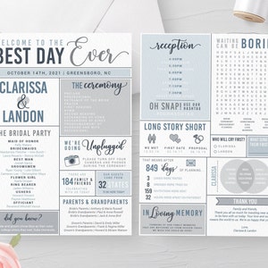 May include: A wedding invitation with a blue and gray color scheme. The invitation features the couple's names, Clarissa and Landon, and the date of their wedding, October 14th, 2021. The invitation also includes details about the ceremony and reception, as well as a fun word search puzzle.
