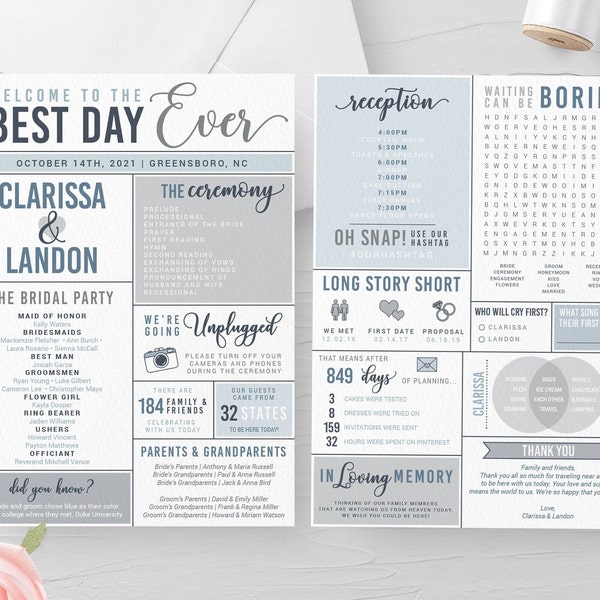 Druckbare Infografik Hochzeitsprogramm, Best Day Ever Ceremony Programm, lustiges Hochzeitsprogramm, Hochzeitsdetails, Instant Download, Über uns
