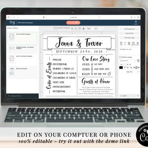 May include: A laptop displays a wedding program template with the names "Jenna & Trevor" and the date "September 24th, 2020." The program includes sections for the order of events, the couple's love story, and guests of honor. The text "EDIT ON YOUR COMPTUER OR PHONE" is also visible.