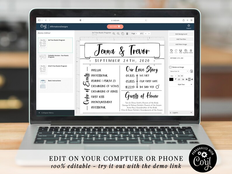 May include: A laptop displays a wedding program template with the names "Jenna & Trevor" and the date "September 24th, 2020." The program includes sections for the order of events, the couple's love story, and guests of honor. The text "EDIT ON YOUR COMPTUER OR PHONE" is also visible.