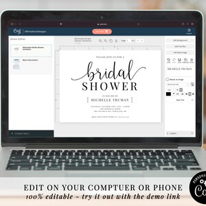 May include: A laptop screen displaying a customizable bridal shower invitation template. The invitation features a black and white design with the text "bridal shower" in a script font. The template is editable on a computer or phone.