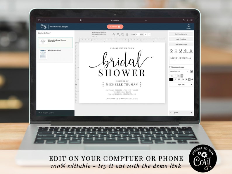 May include: A laptop screen displaying a customizable bridal shower invitation template. The invitation features a black and white design with the text "bridal shower" in a script font. The template is editable on a computer or phone.