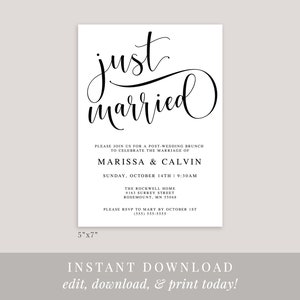 K&ouml;nnte beinhalten: Eine schwarz-wei&szlig;e druckbare Hochzeitsanzeige mit dem Text "just married" in einer kursiven Schriftart. Die Anzeige enth&auml;lt die Namen Marissa & Calvin, das Datum und die Uhrzeit des Post-Wedding-Brunches sowie den Ort. Die Anzeige ist 12,7 cm x 17,8 cm gro&szlig;.
