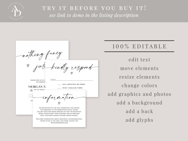 May include: A black and white wedding invitation template with the text "nothing fancy just kindly respond" and "information". The template is 100% editable and includes options to edit text, move elements, resize elements, change colors, add graphics and photos, add a background, add a back, and add glyphs.