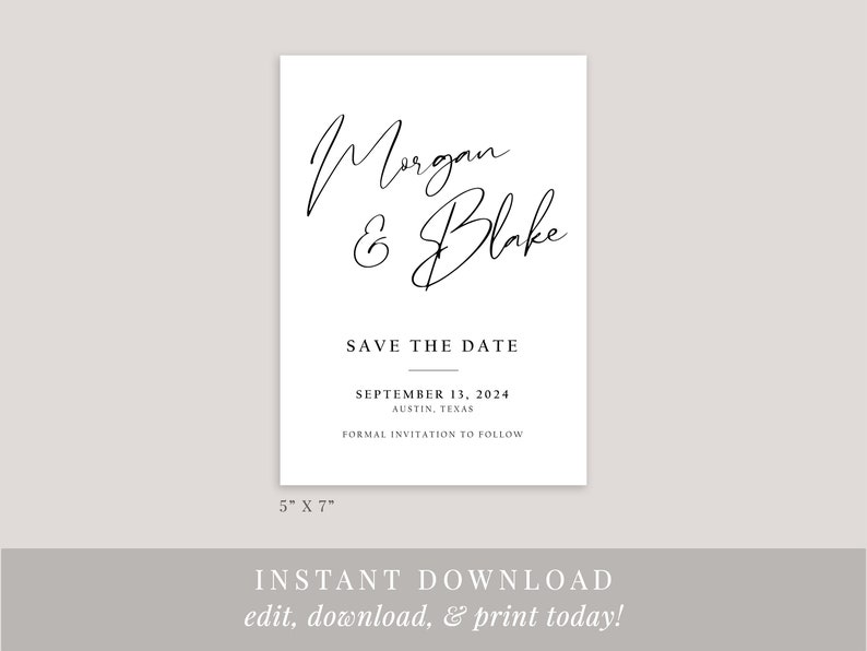 Minimalist Save the Date Template, Printable, Editable Save the Date, Instant Download, Minimalist Modern Wedding, Calligraphy, AD48 image 3