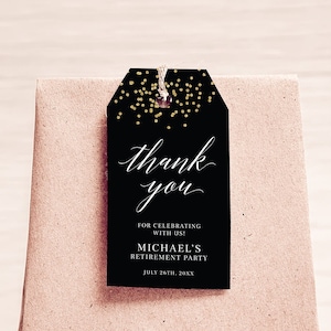 Confetti Retirement Party Favor Tag Template, Retirement Favor Tag, Gold and Black,  Editable, Printable, Download, AR04
