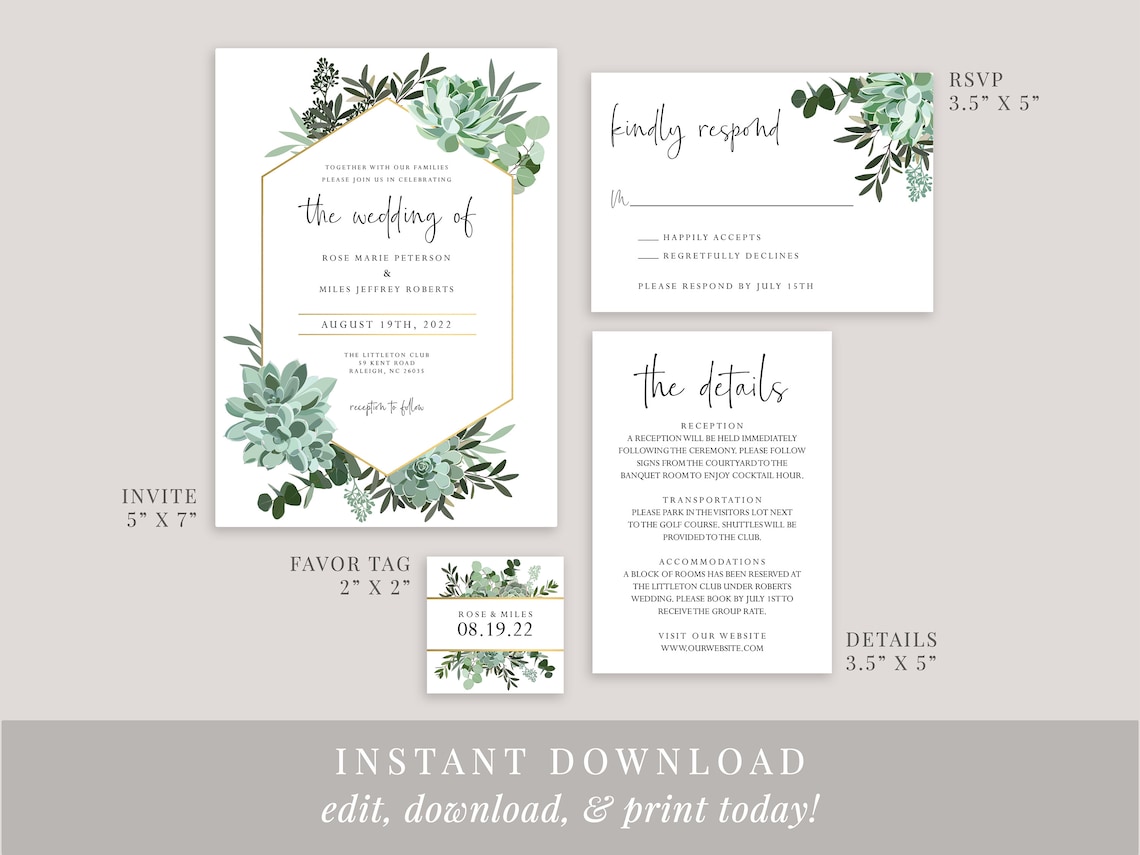 Succulents Printable Wedding Invitation Set Template Editable - Etsy