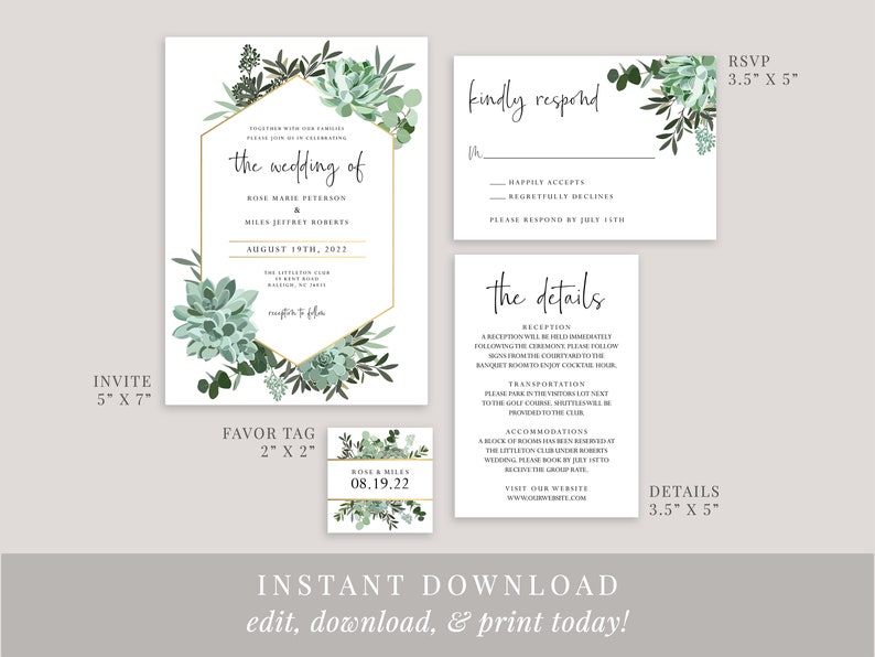 Succulents Printable Wedding Invitation Set Template Editable - Etsy