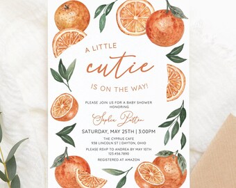A Little Cutie Is On The Way Baby Shower Invitation Template, Oranges Greenery, Gender Neutral, Printable, Editable, Instant Download, AD22
