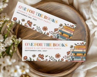 First Birthday Party Favor Bookmark Template, One For The Books Birthday Party, 1st Birthday Favor Tag, Greenery, Editable, Printable, AD56