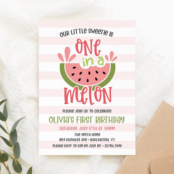 One In A Melon First Birthday Invitation Template, Watermelon Birthday Invite, One In A Melon Party, Editable, Printable, Download, AD30