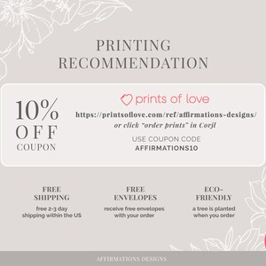 Peut inclure: Un graphique rose et blanc avec le texte "10% OFF COUPON" et un c&oelig;ur avec le texte "prints of love". Le graphique comprend &eacute;galement une adresse de site Web et un code de r&eacute;duction : "AFFIRMATIONS10".