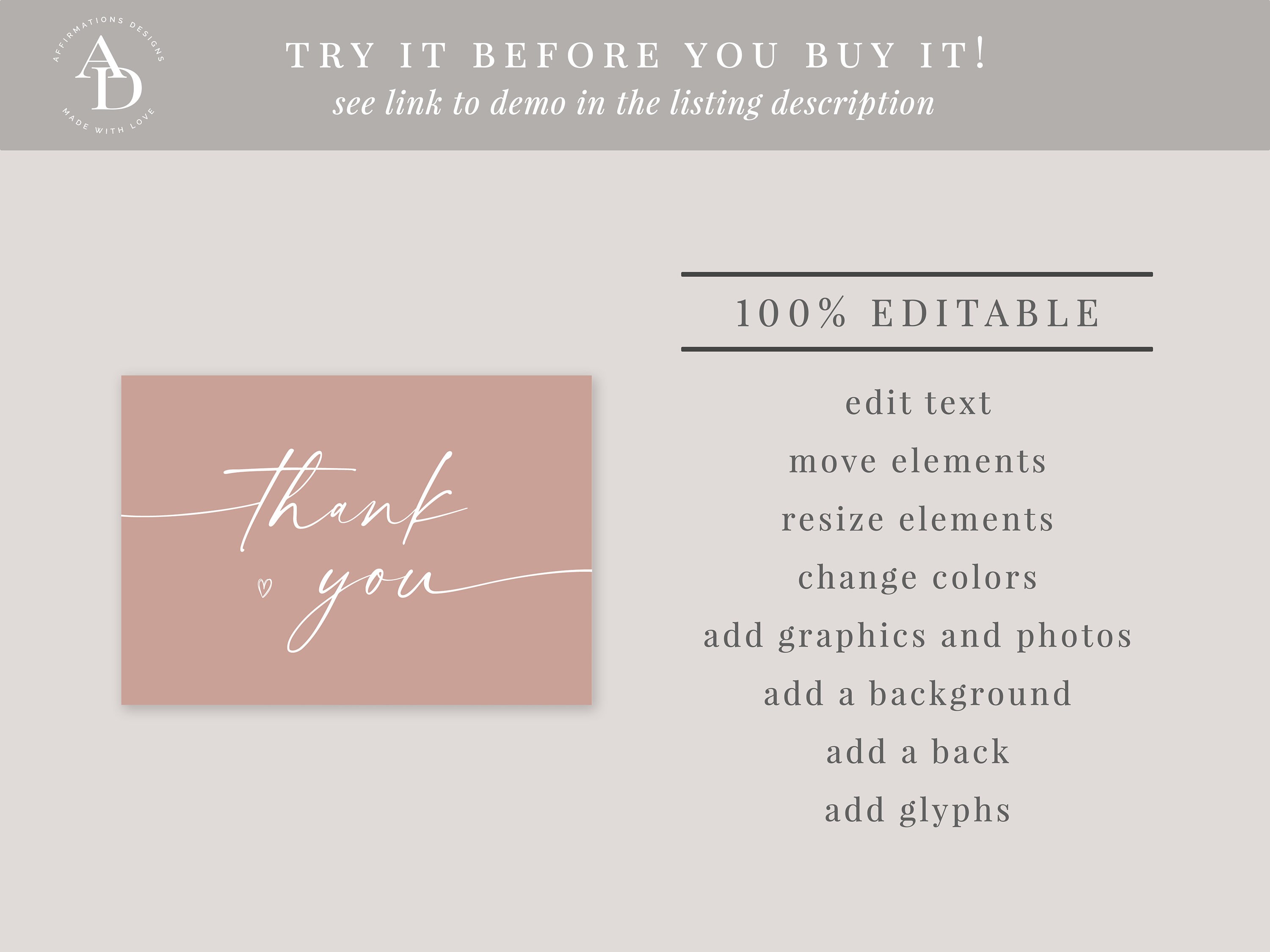 Rose Gold Minimalist Thank You Card Template, Printable Thank You Card ...