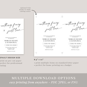 May include: A printable wedding invitation template with the text "nothing fancy just love" in a handwritten font. The invitation is for Morgan Nelson and Austin Peck, and it includes the date, time, and location of the wedding. The template is available in two sizes: 5x7 inches and 8.5x11 inches.