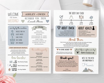 Printable Infographic Wedding Program Template, Editable Order of Ceremony Program, Funny Wedding Program, Instant Download, About Us