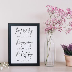 May include: Black framed print with white background and black text that reads "the first day 04.21.16 the yes day 10.01.19 the best day 07.27.21"