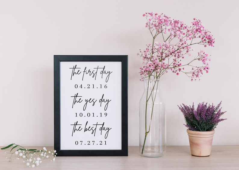 May include: Black framed print with white background and black text that reads "the first day 04.21.16 the yes day 10.01.19 the best day 07.27.21"
