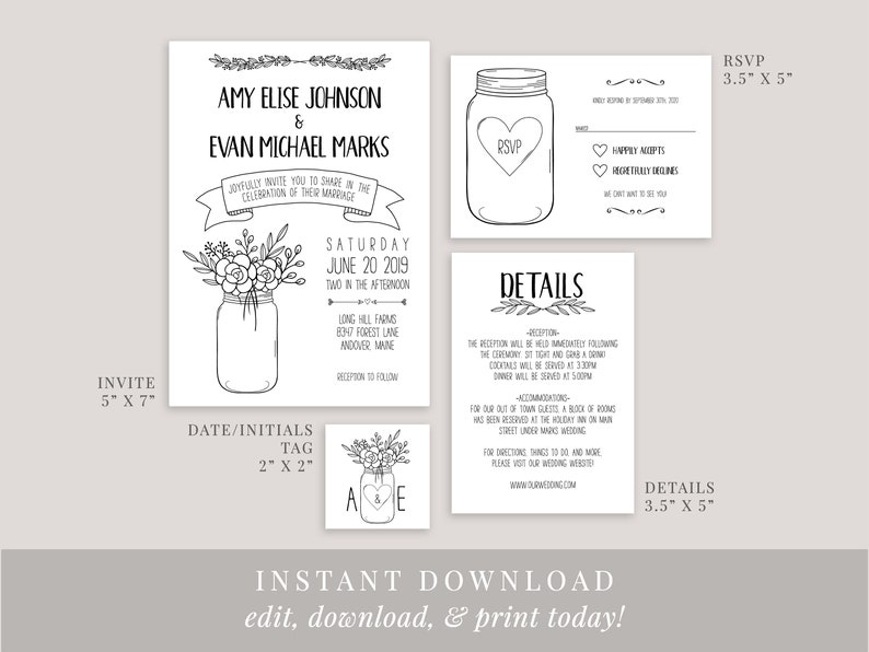 Mason Jar Bouquet Printable Invitation Set Editable - Etsy