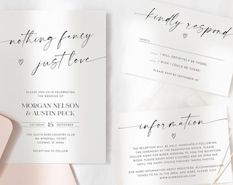 Nothing Fancy Just Love Minimalist Wedding Invitation Set, Printable Wedding Invitation With RSVP, Editable Template, Instant Download, AD18
