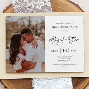 Invitation de fête de fiançailles minimaliste avec photo, invitation de fiançailles de photo de mariage moderne, modèle modifiable, téléchargement immédiat, AD01