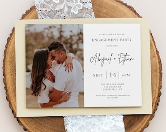 May include: A white engagement party invitation with a photo of a couple embracing. The invitation includes the text "Please join us for an engagement party honouring Abigail + Ethan, Sept 14 | 6PM, The Hudson Home, 743 Ocean Dr, Ridgefield, CT, Please RSVP to Marie by 1st September, 123.456.7890."