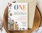 One For The Books First Birthday Party Invitation Template, Books Toddler Birthday Invitation With Flowers, Editable, Printable, AD56