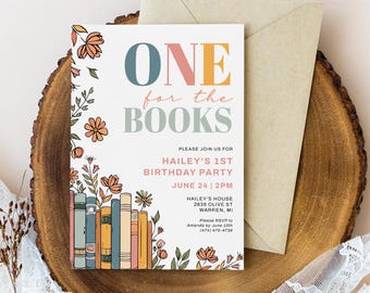 One For The Books First Birthday Party Invitation Template, Books Toddler Birthday Invitation With Flowers, Editable, Printable, AD56