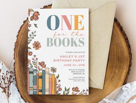 One For The Books First Birthday Party Invitation Template, Books Toddler Birthday Invitation With Flowers, Editable, Printable, AD56