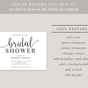 May include: A white printable bridal shower invitation with black text. The text reads "Please join us for a bridal shower in honor of Michelle Truman. Saturday, October 14th, 2021, 1 to 5 PM. The Pompilio Room. 5154 Loughlin Rd | Portland, OR. Please RSVP to [email protected] or [phone number] by October 1st."