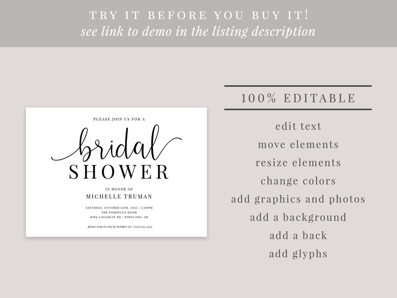 May include: A white printable bridal shower invitation with black text. The text reads "Please join us for a bridal shower in honor of Michelle Truman. Saturday, October 14th, 2021, 1 to 5 PM. The Pompilio Room. 5154 Loughlin Rd | Portland, OR. Please RSVP to [email protected] or [phone number] by October 1st."