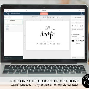 May include: A computer screen displaying a customizable RSVP postcard template with the text "rsvp" and "For the wedding of Danielle & Jackson". The template is being edited using a web-based design tool.